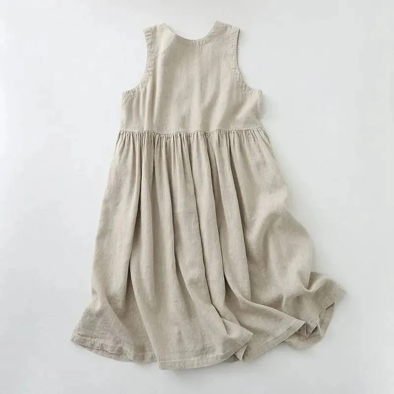 Women's V-Neck Sleeveless Cotton Linen Dress Casual Loose Japanese-style Dress Solid Color for Ladies 2026 Summer Spring Dresses
