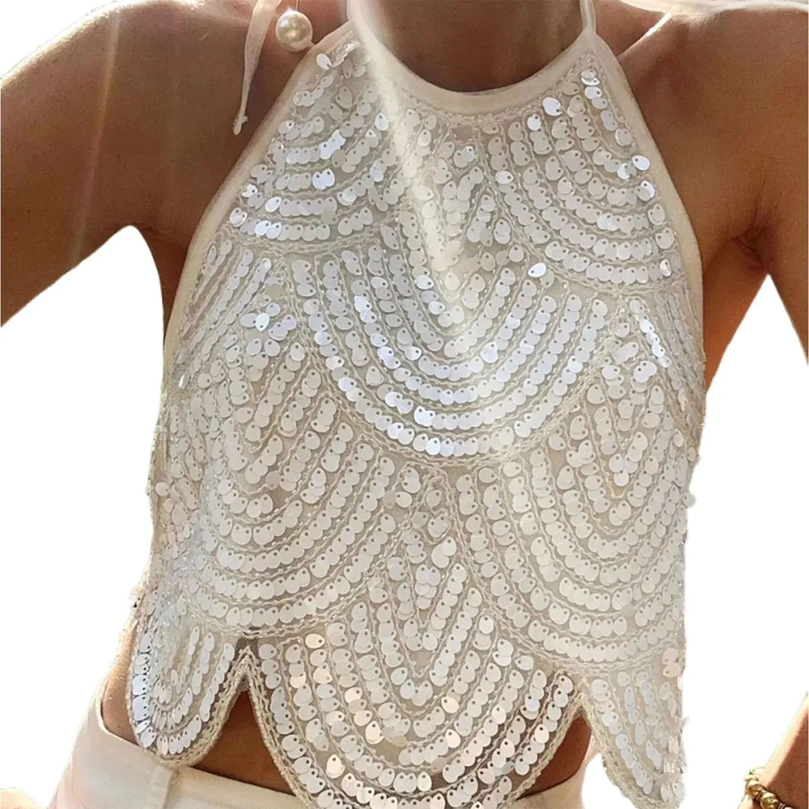 Sexy dámské Halter Flitrové tílko bez zad se zavazováním Sexy třpytivý Crop Top Bez rukávů Třpytivé Party Topy Klubové oblečení