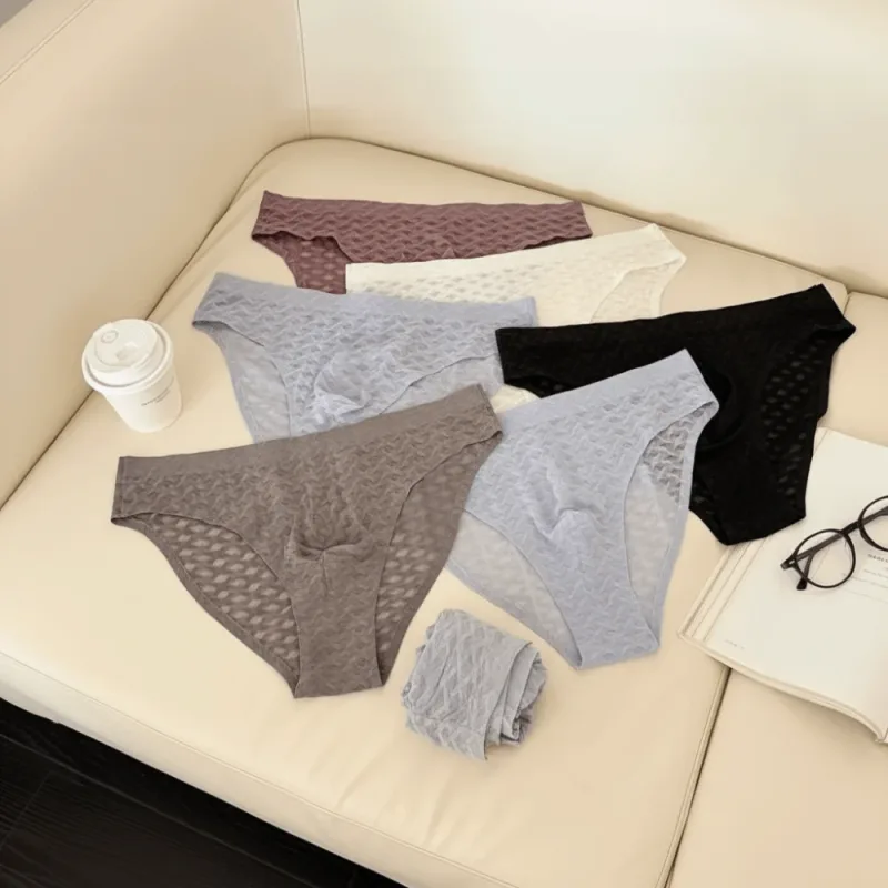 Panties Mesh Thin Men's Underwear Transparent Low Waist Ice Silk Underpants Bubble U Convex Pouch Men Triangle Briefs Male