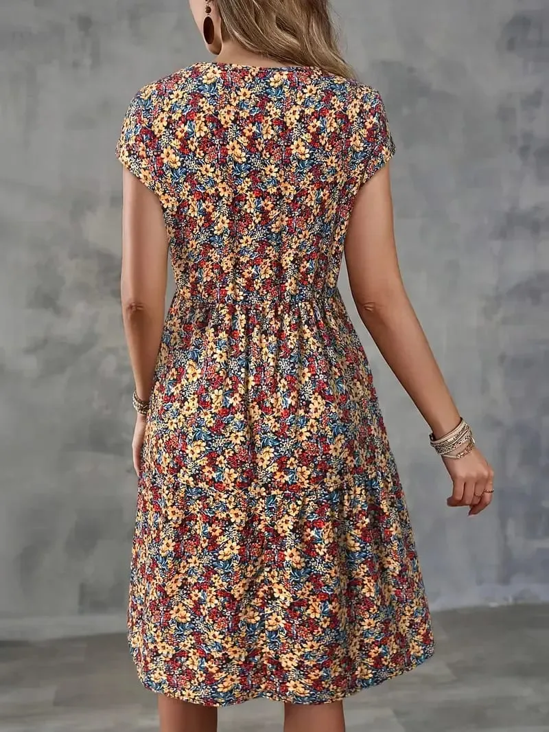 Women's Summer Floral Print Short-Sleeved Round Neck Dress Casual Loose Vacation Style Dress