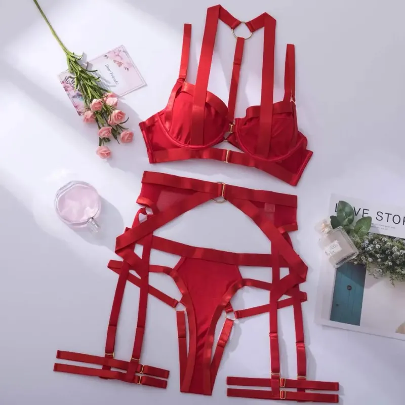 Áo Ngực + Quần Lót + Sọc + Chu Vi Đùi Đen Đỏ Khoét Hở Trong Suốt Gợi Cảm Nữ Bộ Đồ Lót Push Up Quần Lót phù Hợp Với