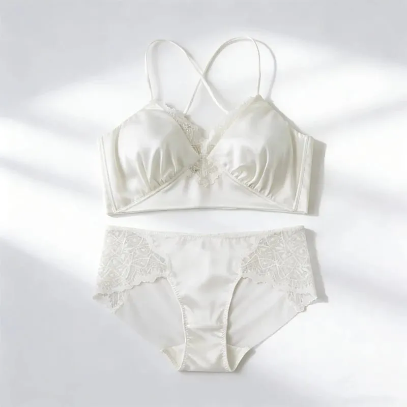 19MM Natural Mulberry Silk Satin Thin Bra Adjustable Cross Straps Beautiful Back Without Steel Ring Female Sexy Underwear Set