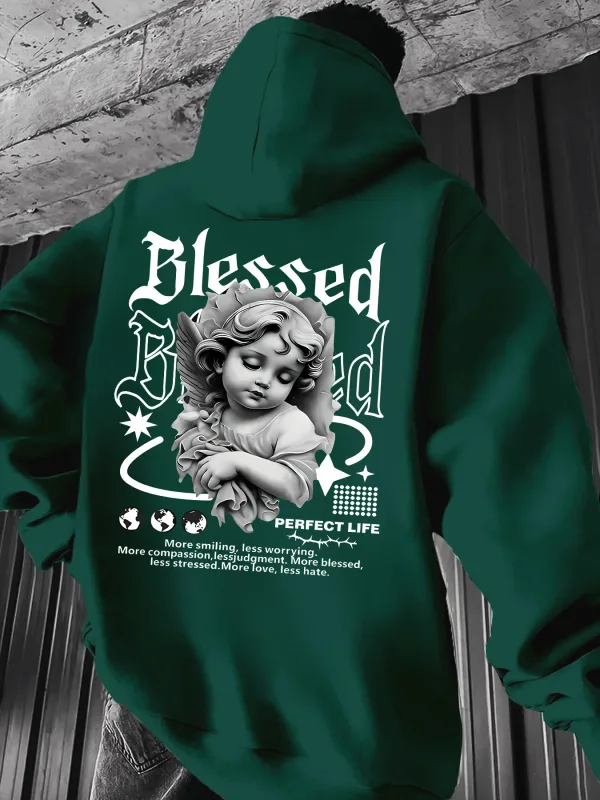 Men's Aesthetic Angel Hoodie Hip Hop Sports Streetwear Blessed Vintage Cherub Print Casual Loose Pullover Sweatshirt Tops