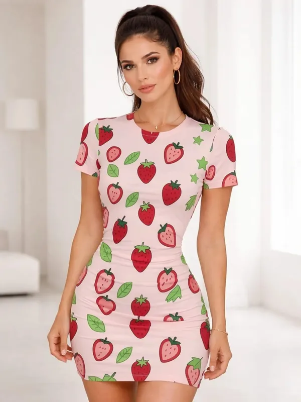 Bayan Kısa Kollu Bodycon Mini Elbise Slim Fit Ekip Boyun Çiçek Baskı Rahat Yaz Parti Sevimli Tatlı Tatil Clubwear Sundress