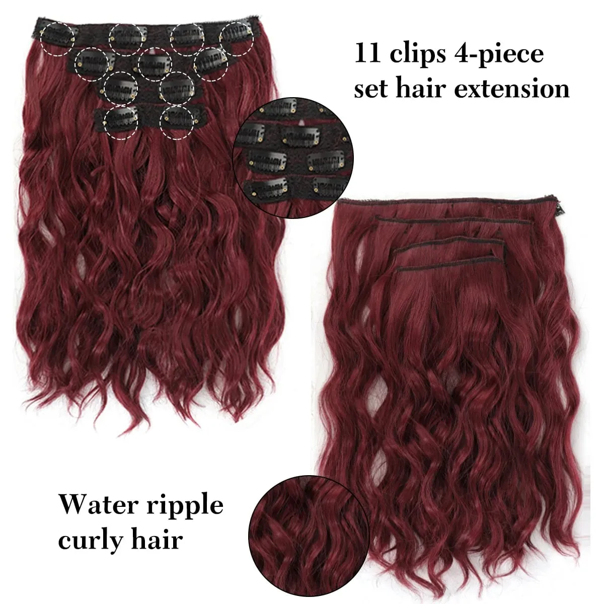 short curly Synthetic Burgundy 4-piece set of water ripple hair extension wig clip in woman's clip hair accessories hairpiece