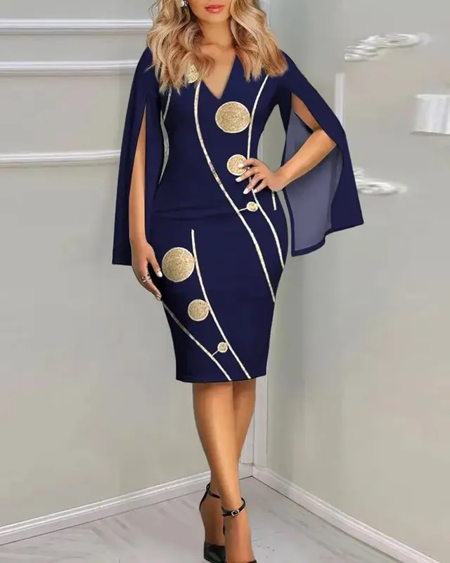 Women's Sunflower Print Midi Dress - Sexy V-Neck Bodycon Dress with Cape Sleeves for Summer Party