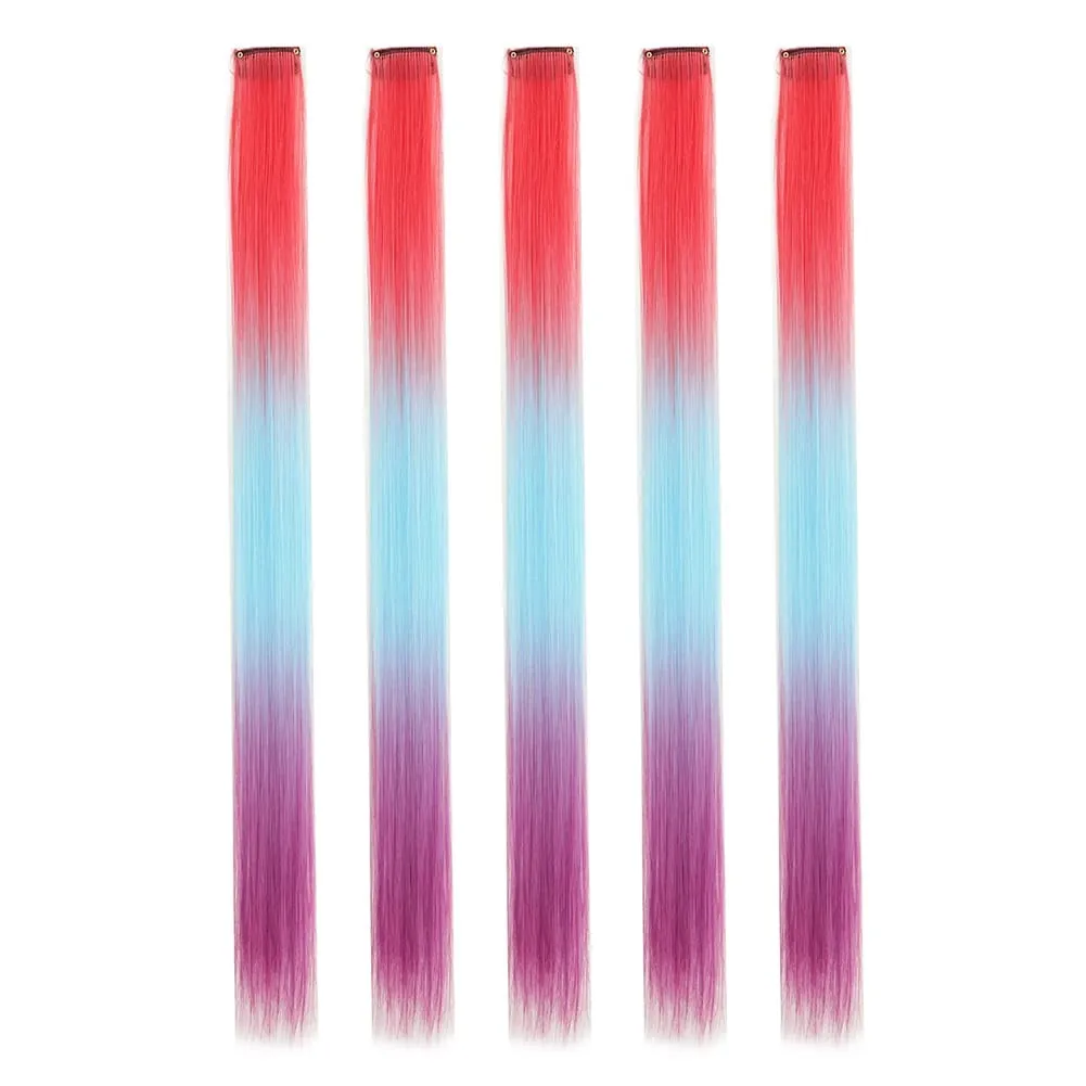 Extensions de cheveux synthétiques à clips, postiches colorées à reflets de fête pour filles, cheveux lisses multicolores de 18 pouces, 5 pièces/ensemble