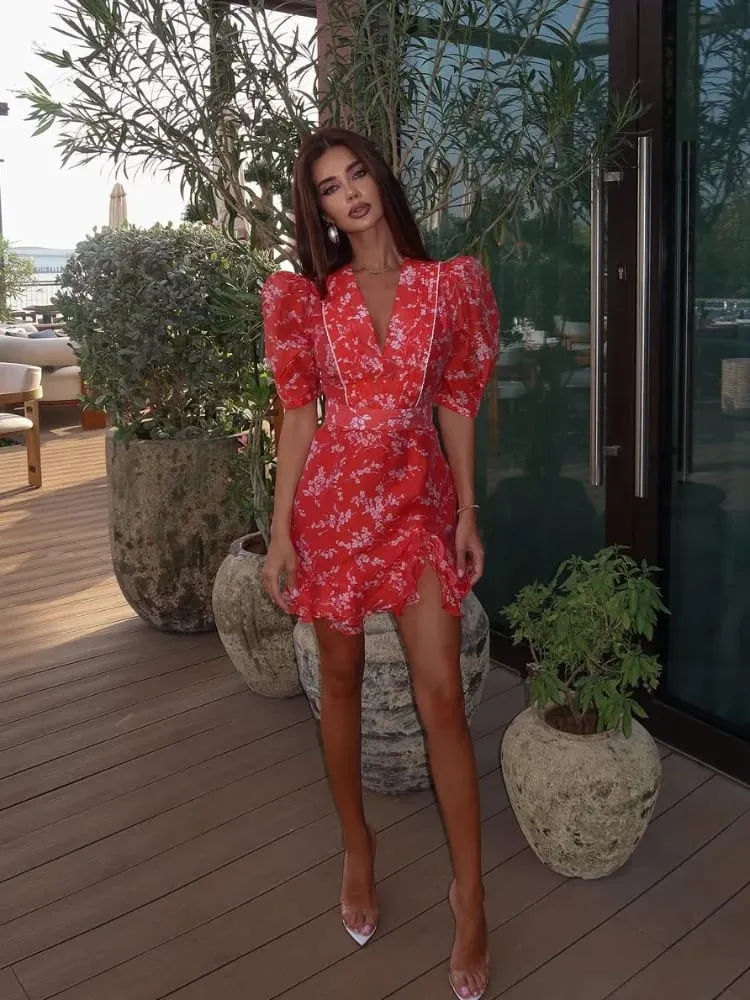 Women Red Floral Printed V-neck Short Sleeved Dress Puff Sleeve Waist Trim Ruffle Slit Hem Mini Dresses 2026 Summer Party Gowns