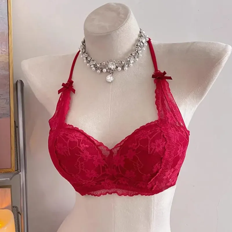 セクシーな BANERDANNI Halter Bow Lace Bra Padded Push Up Wireless No Underwire Soft Innerwear Lingerie Small Bust Daily Comfort Wear`