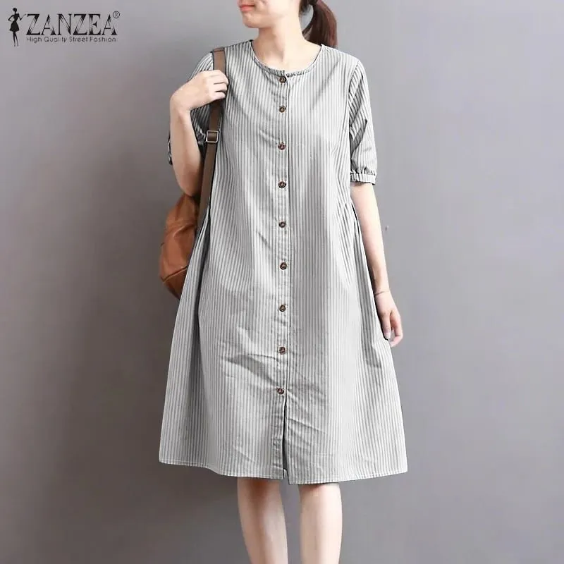 2026 Summer Striped Dress ZANZEA Women Elegant Work Dresses Short Sleeve Buttons Down Sundress Casual Holiday Knee Length Robe