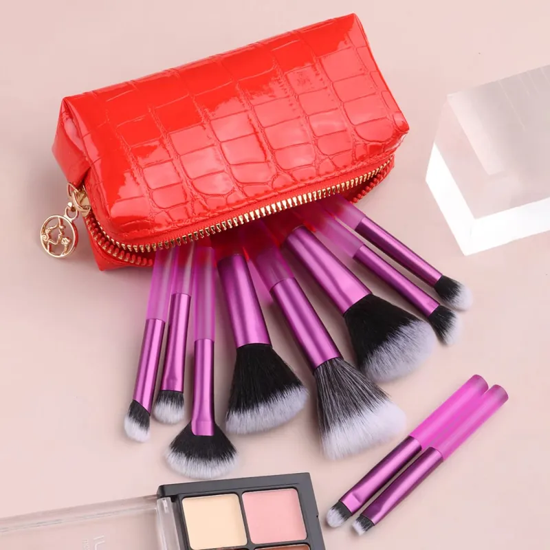 10Pcs Full Face Makeup Brush Kit Crocodile Grain Zipper Bag Powder Contour Shadow Brow Eyelash Cosmetic Brushes