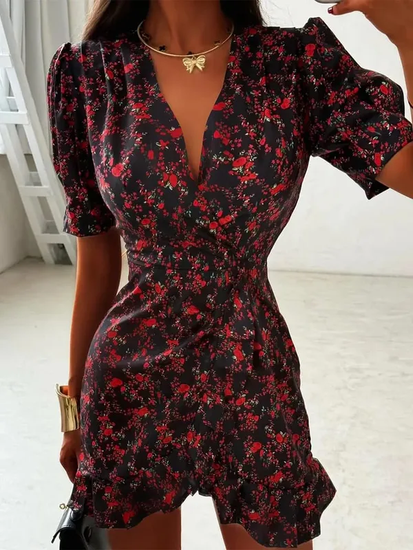 Deep V-neck Slim Short Dress Lady Casual Floral Print Long Puff Sleeve Ruched Hem Bodycon Dresses Women Party Vacation Gown