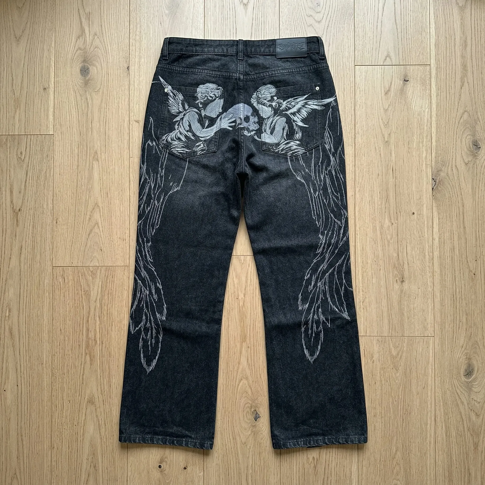 Black Winged Angel Skull Embroidered Baggy Denim Jeans Men Y2K Streetwear Vintage Oversized Cotton Casual Hip Hop Fashion Pants