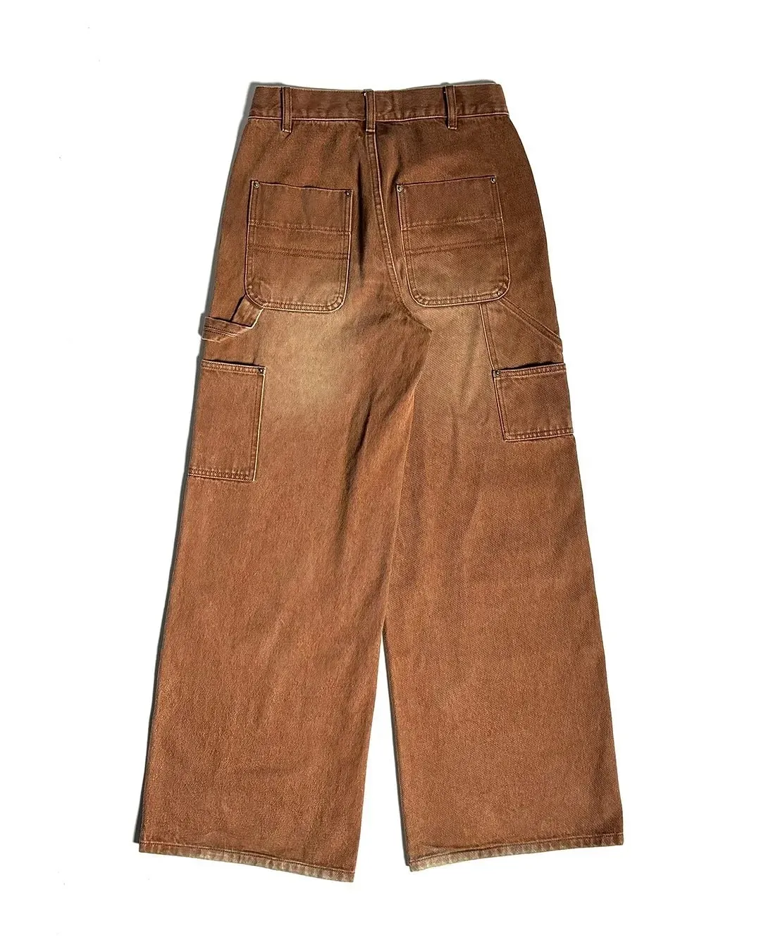 Mens Streetwear Brown Washed Denim Carpenter Pants Cigarette Pattern Pocket Loose High Waist Wide Leg Casual Jeans Daily Wear
