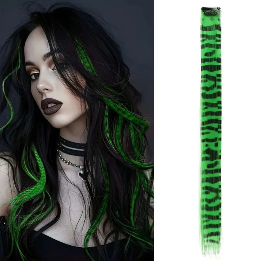 Stripe Printed Clip in Hair Extensions Colorful Synthetic Hair Highlights 18 Inches Straight Wig Hairpieces for Daily Use Party