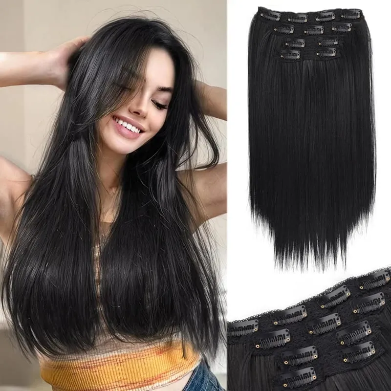 14"Synthetic Thick Clip‑in Hair Extensions 4Pcs Invisible Natural Straight Soft Easy Install For Women Girls Wedding Party Daily