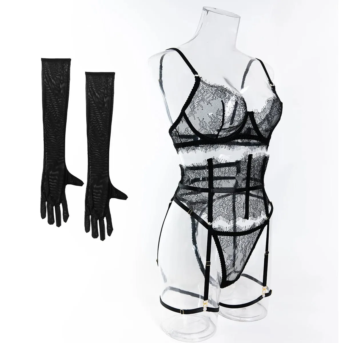 Sexy hot Lingеrie New Eyelash Lace 5-Piece Lingerie Set for Women with Underwire Bra Waistband Garter Belt Leg Rings Gloves