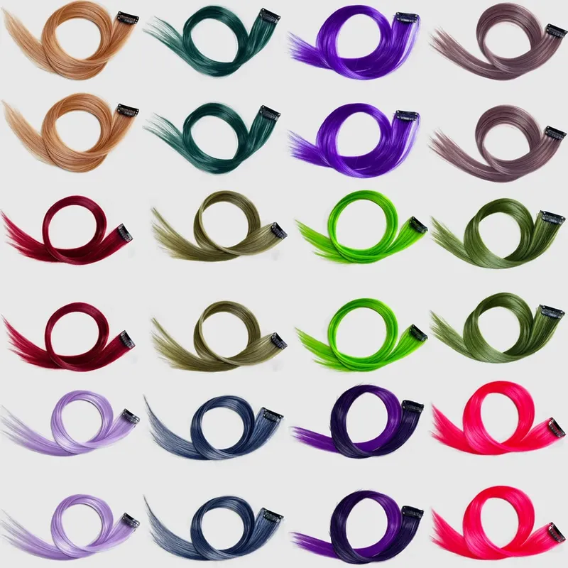 Synthetic Colored Clip In Hair Extensions Straight Highlight Hair Streaks Rainbow Hanging Hair Pieces Hairpiece For Women Party