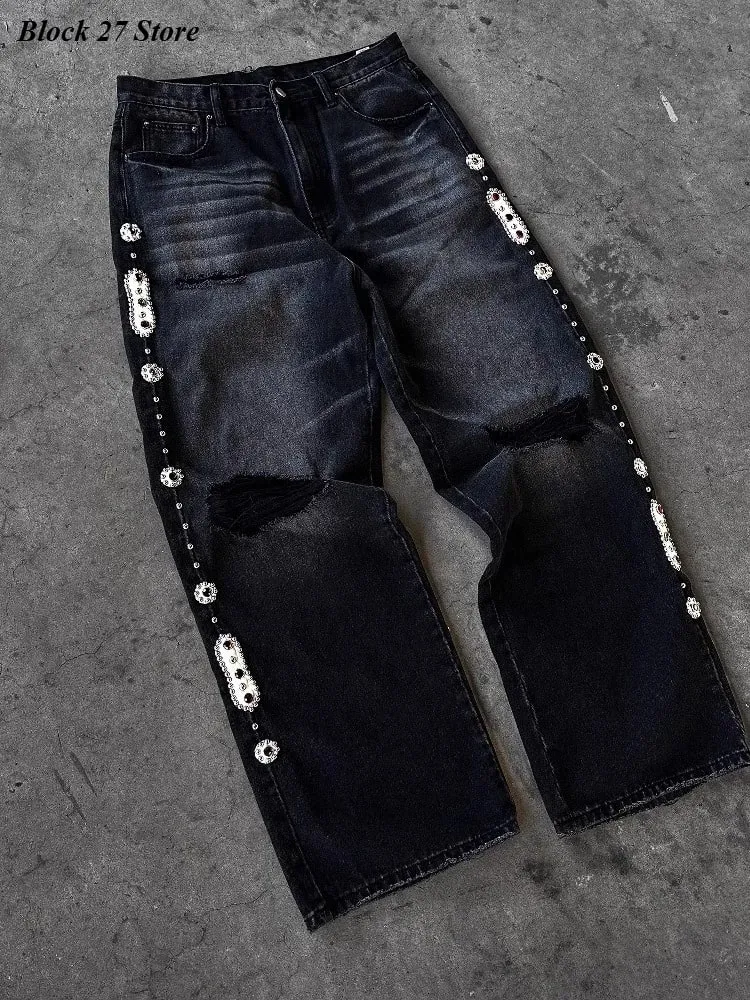 Mens Jeans Punk Vintage Streetwear Black Wide Leg Denim Pants Rhinestone Pearl Decor Ripped Distressed Loose Fit Y2K Fashion — image 2