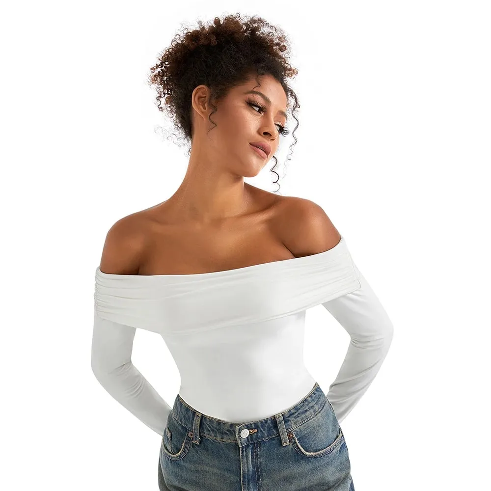 Basic Long Sleeve Bodysuit Blouse for Women Autumn Winter Slim Fit Off Shoulder Bodysuits Streetwear Y2K Bodycon Rompers Femme