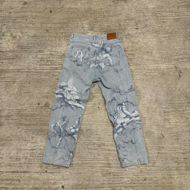 Mens Jeans Harajuku Y2K Angel Baggy Denim Pants Retro High Street Arrow Print Loose Straight Fit American Hip Hop Streetwear New