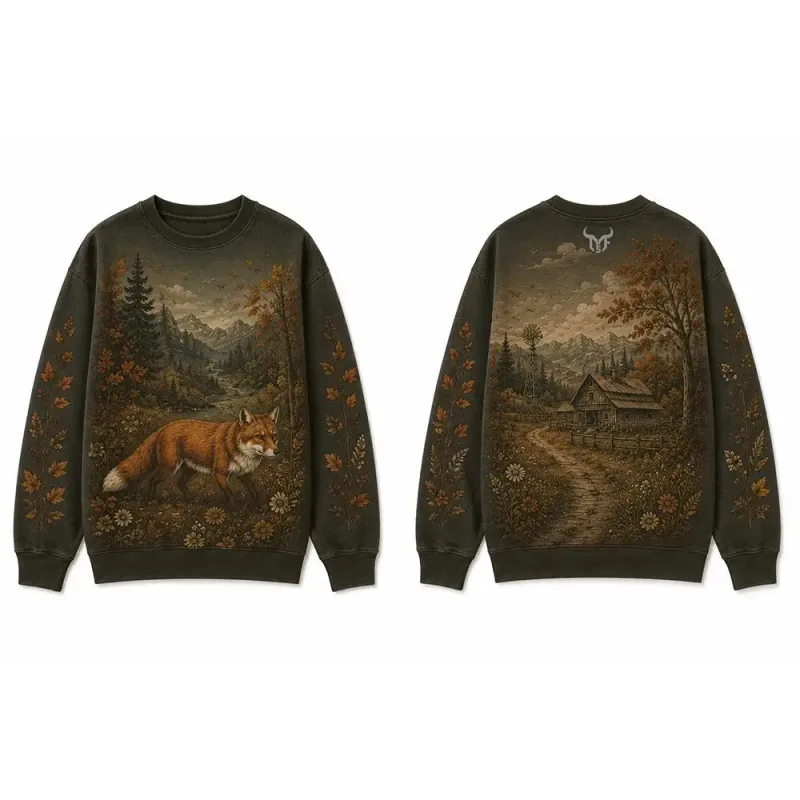 Wilderness Wildlife Print Crew Neck Sweatshirt Men Outdoor Vintage All Over Print Pullover Unisex Casual Street Long-sleeved Top
