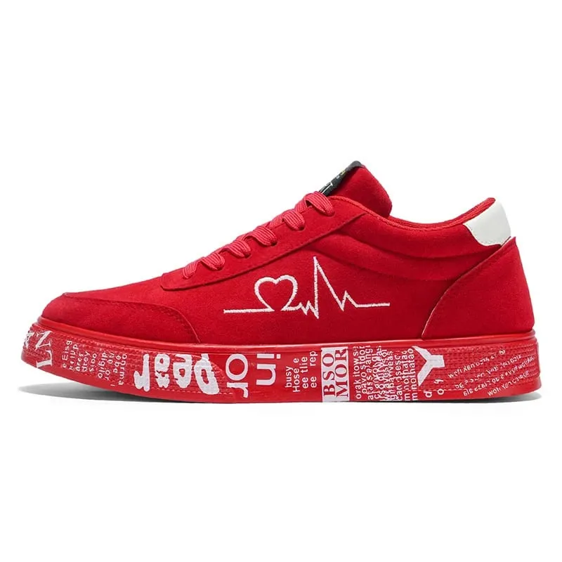 Men'S Black Suede Casual Sneakers With Red Heartbeat Embroidery Low Top Lace Up Skate Shoes Comfortable Versatile Footwear