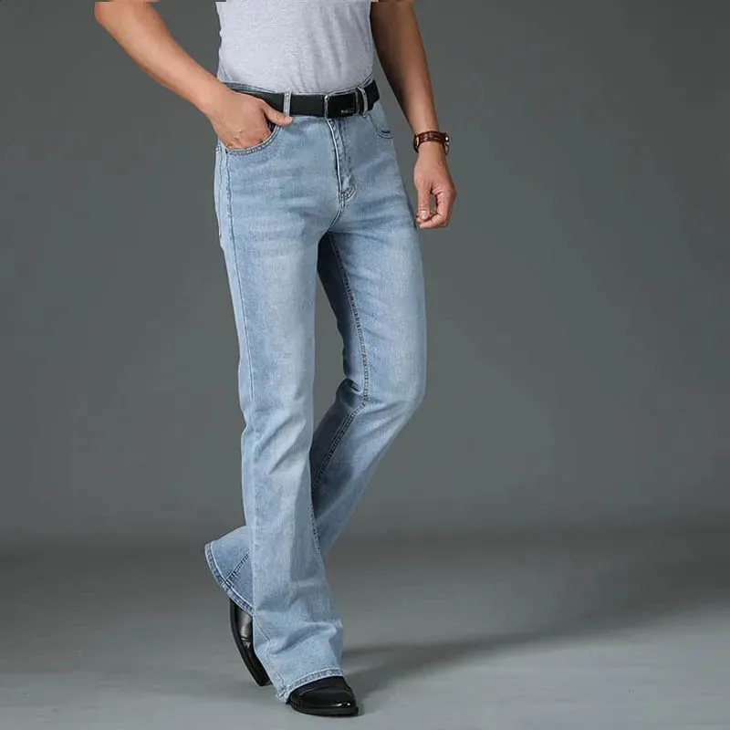Men High Waist Stretch Bootcut Denim Jeans Loose Wide Leg Vintage Classic Blue Jeans Streetwear Casual Daily Male Denim Trousers
