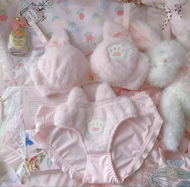 Cute Cat Paw Plush Lingerie Set for Women Warm Winter Bra & Panty with Ears Comfortable Kawaii Underwear
