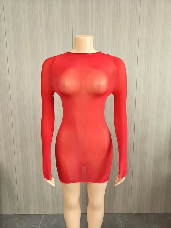 Oil Shiny Seamless Body Stockings Bodycon Mini Dress Women See Through O Neck Long Sleeve High Stretch Silky Glossy Clubwear