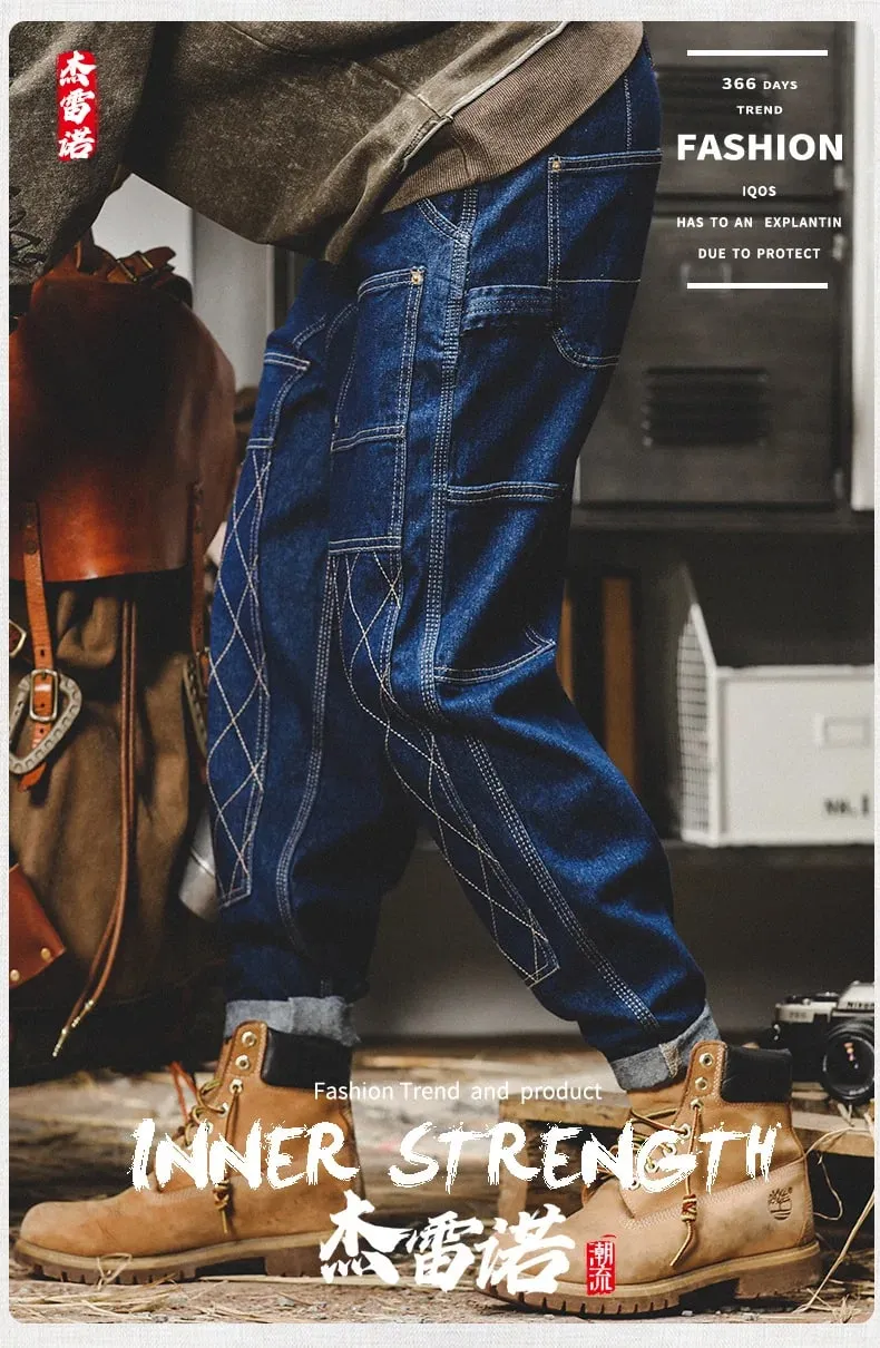 American Retro Work Jeans Men's Autumn Fashion Loose Open Thread Double Knee Thickened Wooden Straight Leg Denim Pants