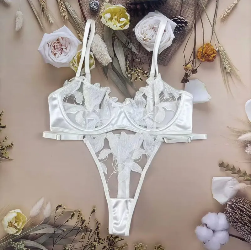 Floral Embroidery Sexy Lingerie Set for Women Underwear Transparent Bralette Underwire Push Up Bra and Panty 2 Piece Set