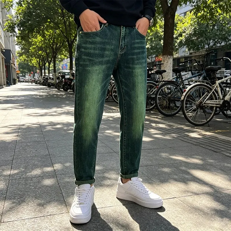 Men's Green Water Ghost Jeans Slim Fit Small Feet High Quality Gradient Color Daily Casual Youth Suitable for All Seasons