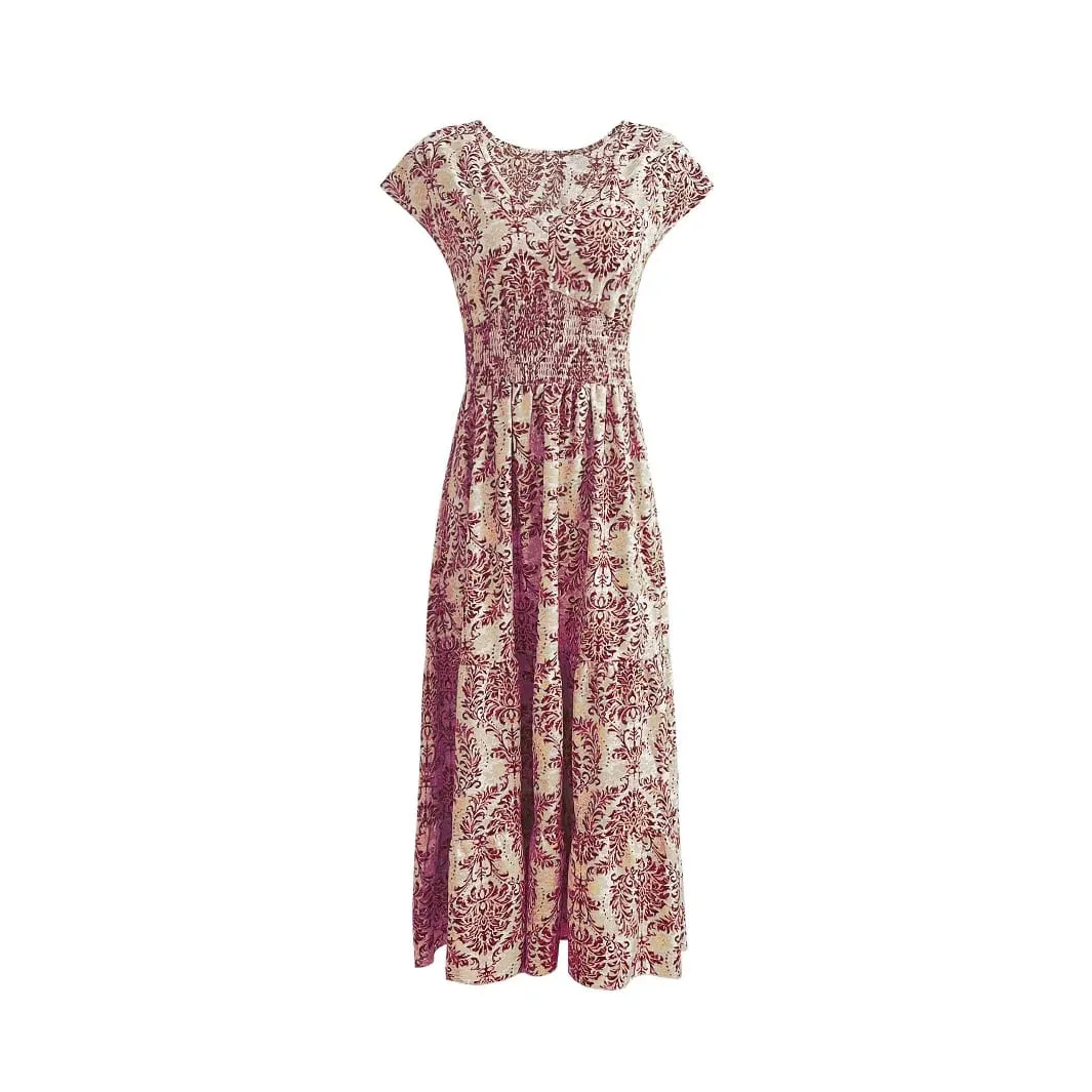 2026 Đầm In Hình Vintage Thời Trang Và Thanh Lịch Cổ Chữ V Tay Ngắn Jumpsuit Váy Dài Nữ