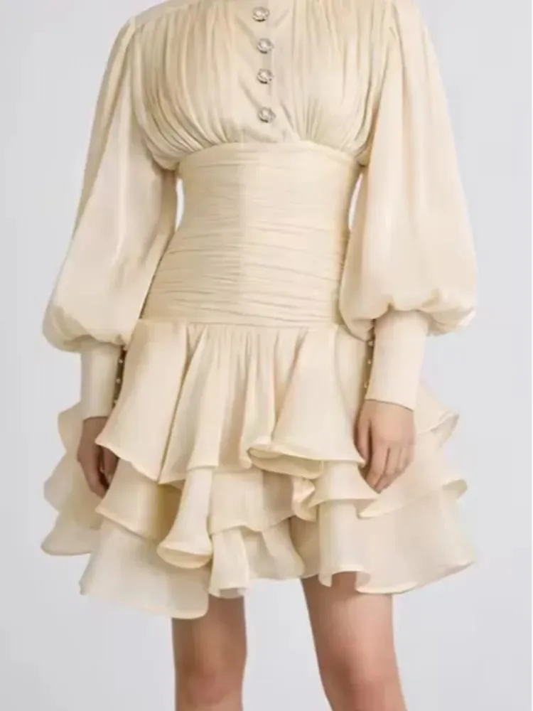 Chic Victorian-inspired Mini Dress Women Puff-sleeve Ruched Tiered Romantic Cottagecore Party Dresses 2026 Trendy Elegant Outfit