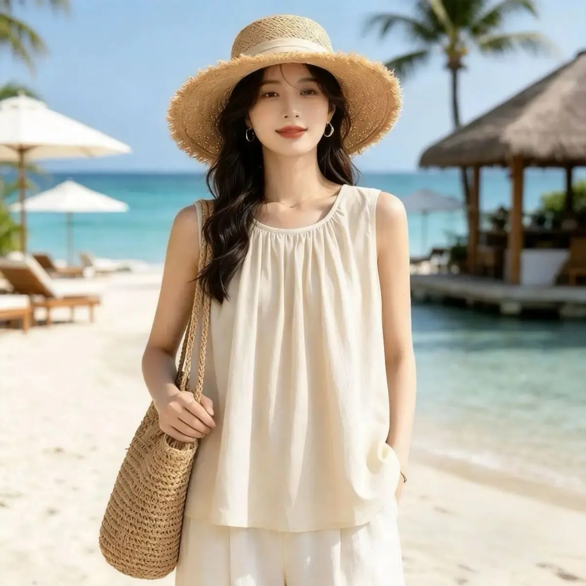 Street Casual Pleated Solid Simplicity All-match Tops Summer New Sleeveless Loose Elegant T Shirts Fashion Trend Women Clothing