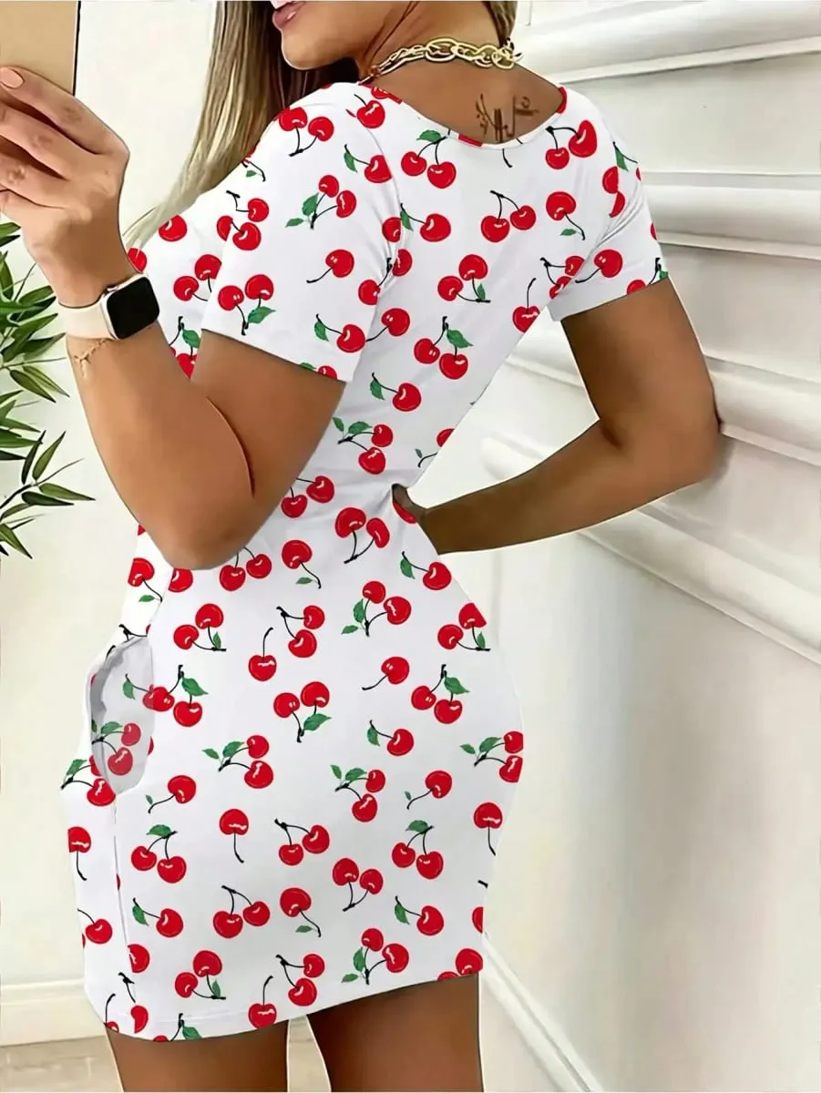 Elegant Casual round Neck Solid Color Cherry Print Pocket Short Sleeve Mini Skirt Long Dress Comfortable Fashionable Women's Dre