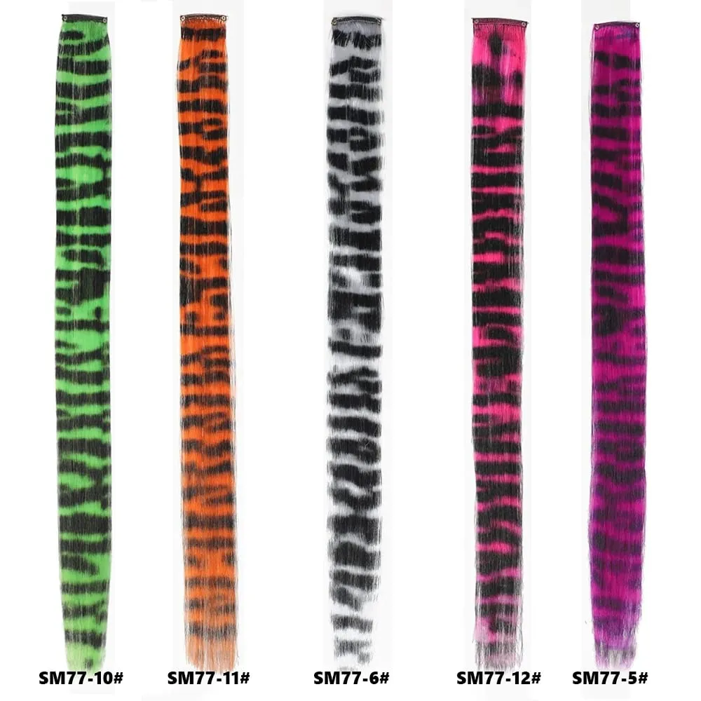 Stripe Printed Hair Colorful Long Straight Hair Pieces Synthetic Clip-in Hair Extensions for Daily Use Party Halloween