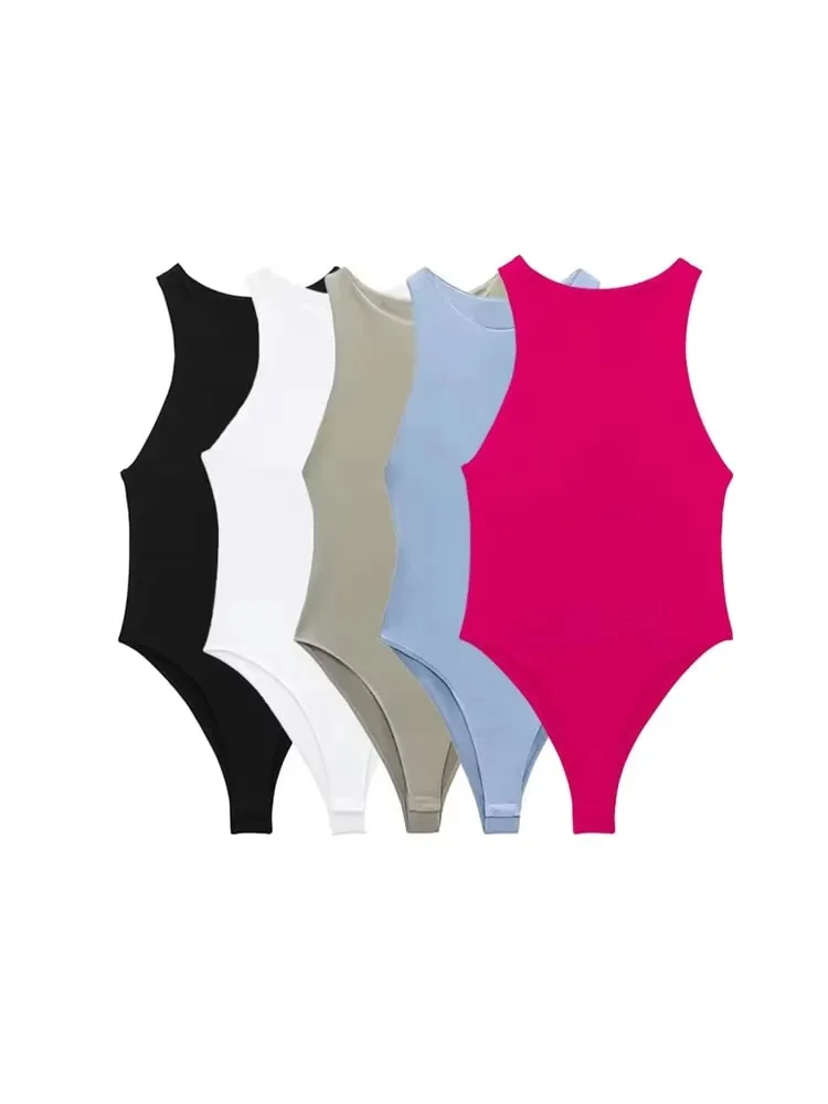 Moda feminina com decote halter magro bodysuit sexy sem mangas snap-botão feminino playsuits mujer