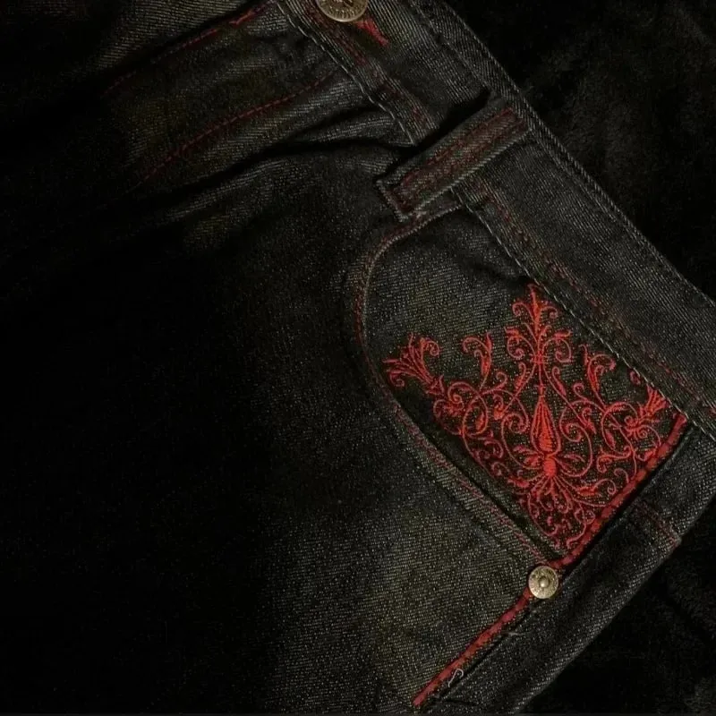 American Retro Y2K High Street Gothic Embroidered Men Black Red Pattern High Waist Jeans Street Couple Casual Pants