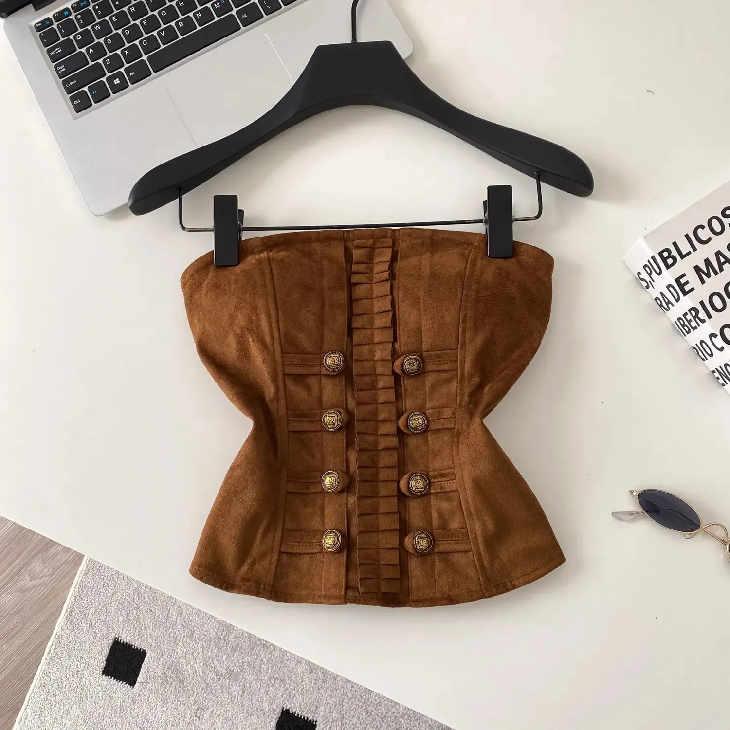 Fake Suede Senior Vintage Tank Top Autumn Female Metal Button Bodycon Top French Sensual Chic Commute Party Camisole