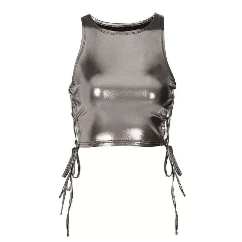 Sleeveless Hollow lace up Decorated Tank Sexy Casual Bodycon Top Party Club Streetwear Spring Summer