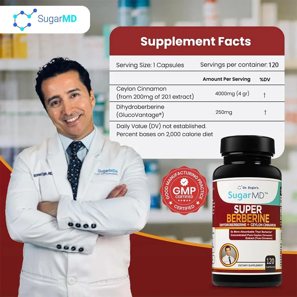 Suplement SugarMD 5X Super Berberine – 250 mg GlucoVantage Dihydroberberyna z 4000 mg cynamonu cejlońskiego do kontroli wagi