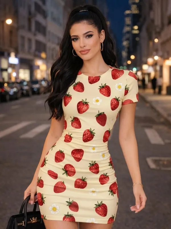 Gaun Mini Bodycon Lengan Pendek Wanita Gaun Sundress Pakaian Klub Liburan Modern Lucu Pesta Musim Panas Kasual Gambar Cetak Bunga Leher Kru Pas Badan