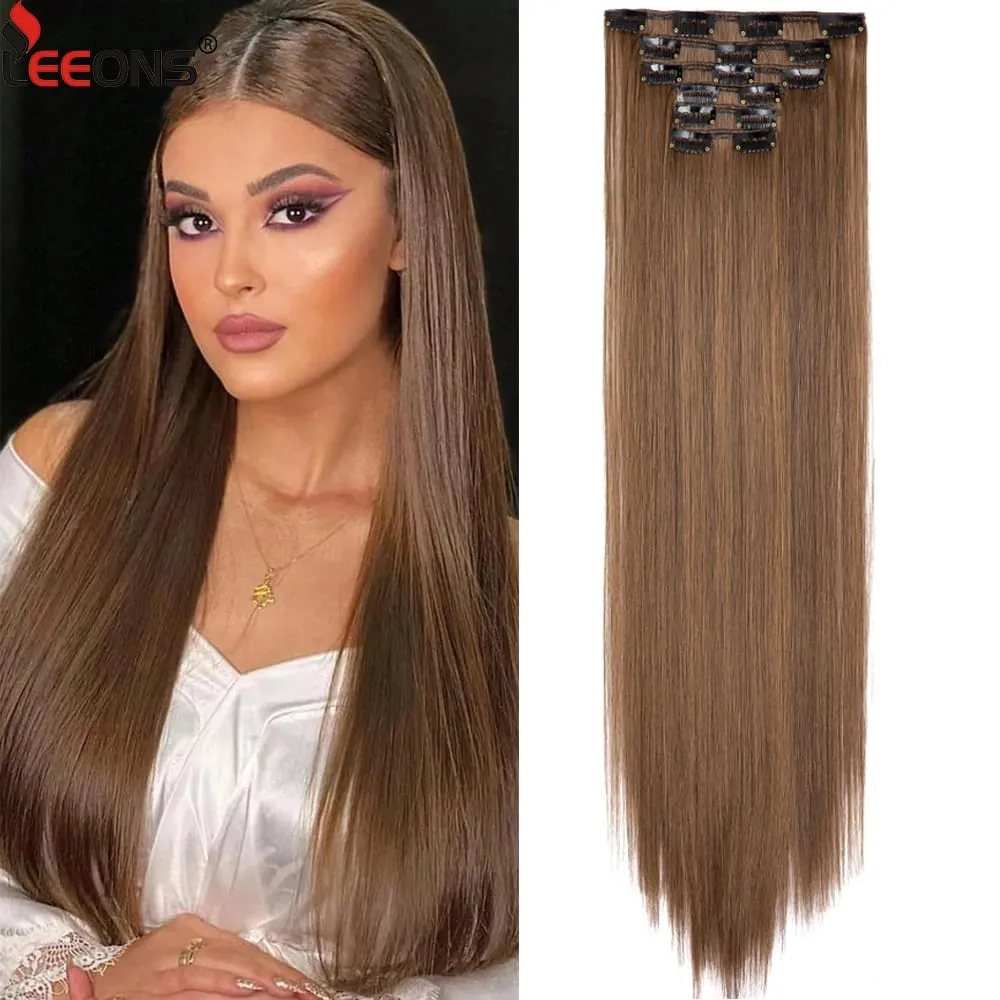 Leeons Black Hair Extension 30"/75Cm 150G 6Pcs/Set Women Long Straight Synthetic Hair Full Head Clip In Hair Extensions Pieces