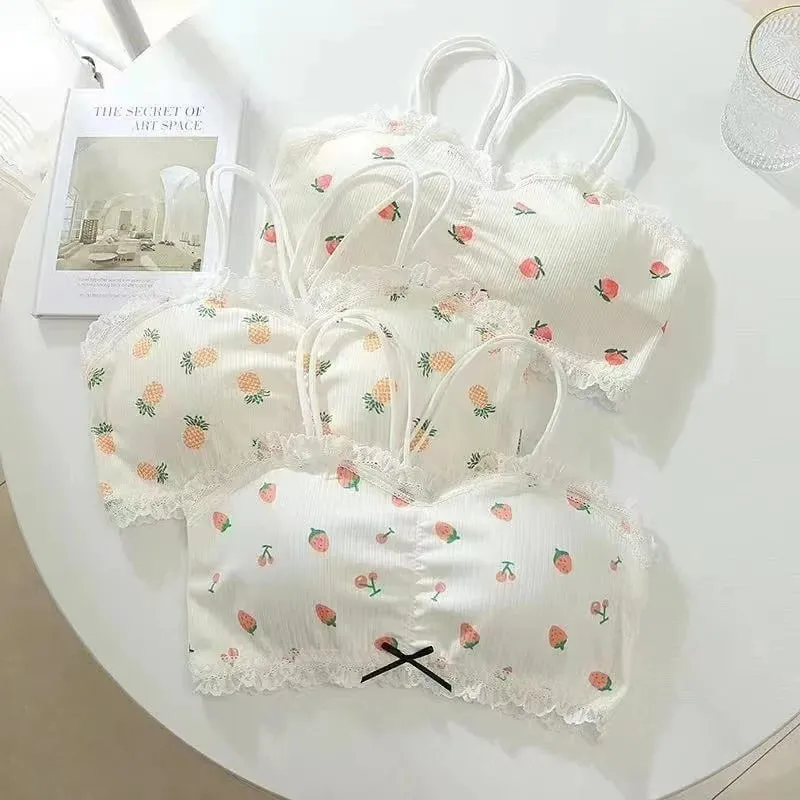 Quần lót mới sinh viên đồ lót nữ dễ thương in hình trái cây lưng có miếng đệm Bộ áo ngực không có vòng thép áo ngực quần