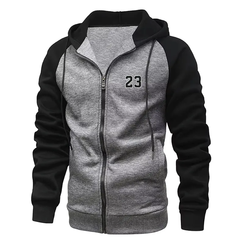 Men's Number 23 print Fleece Hoodies Long Sleeve Sweatshirt para sa Mga Lalaki Zipper Hooded Mens Fashion color blocking Sweatshirt