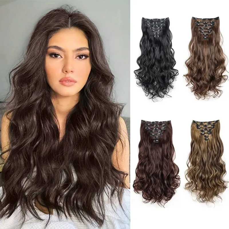 Synthetic 18Inch Long Curly Hair Hairpiece Heat Resistant Hair Extension Clips In Black Brown Blonde for Women