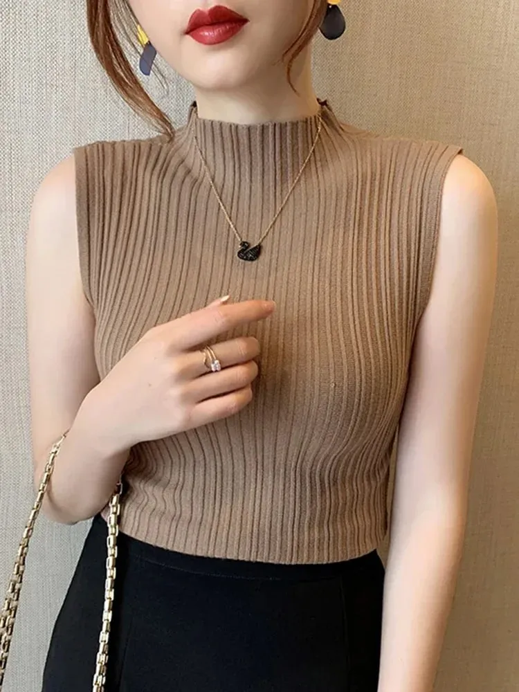 2026 Summer Turtleneck Ribbed Tank Tops Women Camisole Sleeveless Slim Female Stripe Croped Vest Casual Solid Camis Top