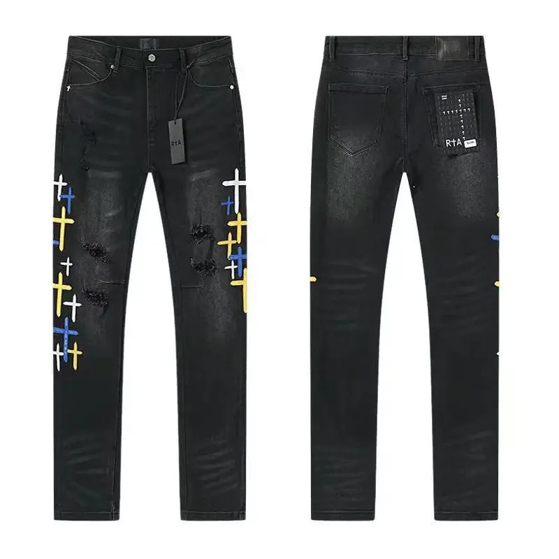 2026 RTA Men's Slim Fit Jeans Collection Distressed Ripped Paint Splatter Studded Patch Vintage Washed Streetwear Fashion Pants